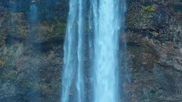 cascada en islandés paisaje, seljalandsfoss cascada con agua corriente que cae apagado de acantilado en Islandia. hermosa río fluido abajo colina en escandinavo escenario, espectacular panorámico vista. foto