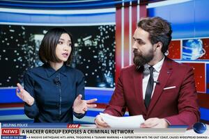 Reporters present hackers helping police in exposing and catching criminal network, live television broadcast. Diverse team of journalists discuss about cyberbullying headlines, news segment. photo