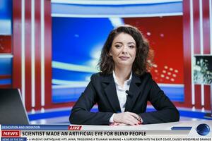 Newscaster explains modern science and new creation experts launching artificial eye invention to help blind people. Woman journalist introduces prosthesis or substitute in newsroom. photo