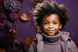 ai generado estudio retrato de linda pequeño africano chico en diferente color fondos foto