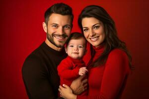 ai generado estudio retrato de hermosa padres con infantil bebé participación en manos en diferente colores antecedentes foto