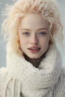 ai generado retrato de hermosa sonriente joven albino mujer en pie debajo nevando foto