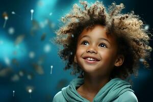 Ai generated studio portrait of cute little curly african girl on different colours background photo