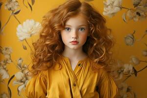 Ai generated studio portrait of cutle little curly ginger girl on different colours background photo