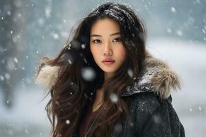 Ai generated portrait of beautiful young woman standing under the snow at winter time photo