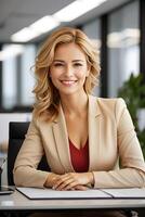 Portrait of young smiling woman looking at camera with crossed arms. Happy girl standing in creative office. Successful businesswoman sitting. Ai Generative photo