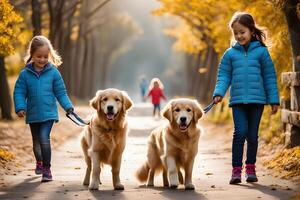 un encantador escena de niños y perros jugando. ai generativo foto