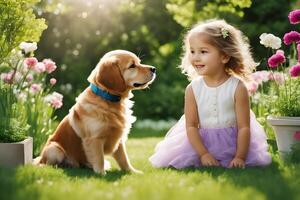 an enchanting scene of kids and dogs playing. Ai Generative photo