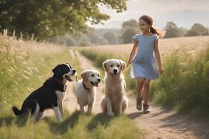 an enchanting scene of kids and dogs playing. Ai Generative photo