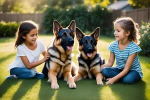 un encantador escena de niños y perros jugando. ai generativo foto