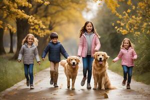 un encantador escena de niños y perros jugando. ai generativo foto