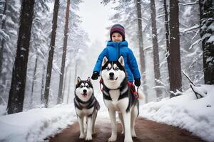 un encantador escena de niños y perros jugando. ai generativo foto