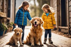 un encantador escena de niños y perros jugando. ai generativo foto