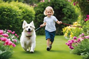 un encantador escena de niños y perros jugando. ai generativo foto