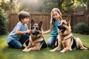 an enchanting scene of kids and dogs playing. Ai Generative photo