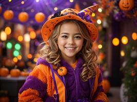 Little girl on Halloween trick or treat. Ai Generative photo