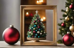 Decorated Christmas tree with ball, bell and many more. Ai Generative photo