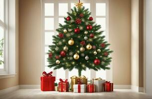 christmas celebration with decorated ball, bell, and tree. Ai Generative photo