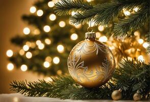 Navidad celebracion con decorado pelota, campana, y árbol. ai generativo foto