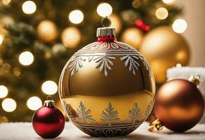 Navidad celebracion con decorado pelota, campana, y árbol. ai generativo foto