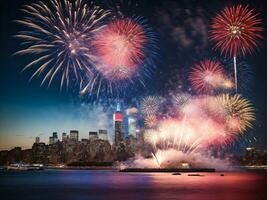nuevo años víspera fuegos artificiales mostrar. nuevo york, Sídney. ai generativo foto