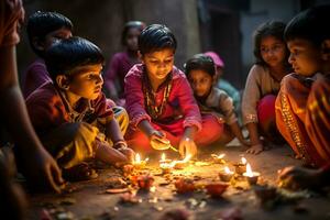 Indian Diwali celebrating with Diya Lighting. family, girls, kids all happy moments. Ai Generative photo