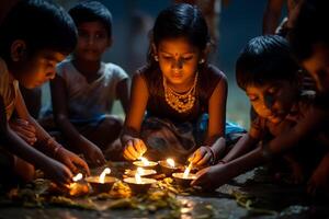 indio diwali celebrando con diya Encendiendo. familia, chicas, niños todas contento momentos ai generativo foto