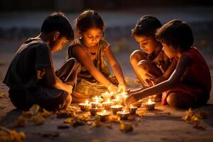 Indian Diwali celebrating with Diya Lighting. family, girls, kids all happy moments. Ai Generative photo