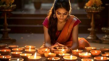 Indian Diwali celebrating with Diya Lighting. family, girls, kids all happy moments. Ai Generative photo