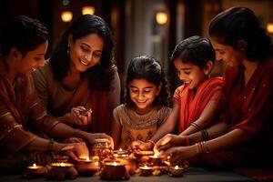 Indian Diwali celebrating with Diya Lighting. family, girls, kids all happy moments. Ai Generative photo