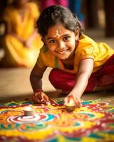 indio diwali celebrando con diya Encendiendo. familia, chicas, niños todas contento momentos ai generativo foto