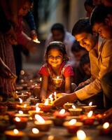 Indian Diwali celebrating with Diya Lighting. family, girls, kids all happy moments. Ai Generative photo