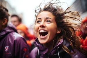 Spanish female soccer player celebrating a victory. Ai Generative photo