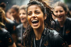 Español hembra fútbol jugador celebrando un victoria. ai generativo foto