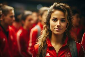 Español hembra fútbol jugador celebrando un victoria. ai generativo foto