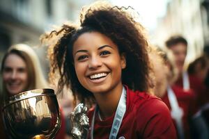 Spanish female soccer player celebrating a victory. Ai Generative photo