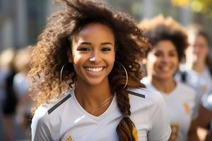 Spanish female soccer player celebrating a victory. Ai Generative photo