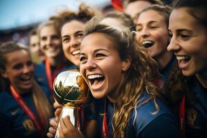 Español hembra fútbol jugador celebrando un victoria. ai generativo foto