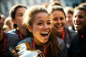 Spanish female soccer player celebrating a victory. Ai Generative photo