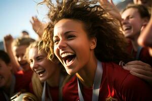 Español hembra fútbol jugador celebrando un victoria. ai generativo foto