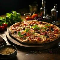 Pizza Perfection World Class Oven Baked Delights decoration with toppingsAi Generative photo