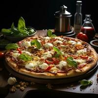 Pizza Perfection World Class Oven Baked Delights decoration with toppingsAi Generative photo