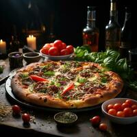 Pizza Perfection World Class Oven Baked Delights decoration with toppingsAi Generative photo