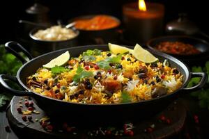 Exploring the Flavors of Authentic Pakistani Cuisine. Biryani, Kofta, Kebab, Lassi, Samosa, Jalebi. Ai Generative photo