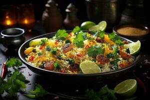 Exploring the Flavors of Authentic Pakistani Cuisine. Biryani, Kofta, Kebab, Lassi, Samosa, Jalebi. Ai Generative photo