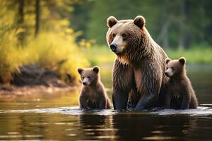 Grizzly bear mother and cubs. HD Quality Razor sharp images. Ai Generative photo