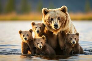 Grizzly bear mother and cubs. HD Quality Razor sharp images. Ai Generative photo