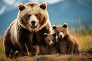 Grizzly bear mother and cubs. HD Quality Razor sharp images. Ai Generative photo