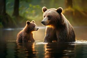 Grizzly bear mother and cubs. HD Quality Razor sharp images. Ai Generative photo