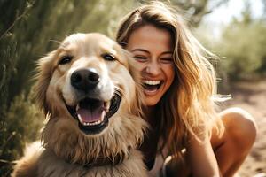 irrompible cautiverio. explorador el humano con mascota perro conexión. ai generativo foto